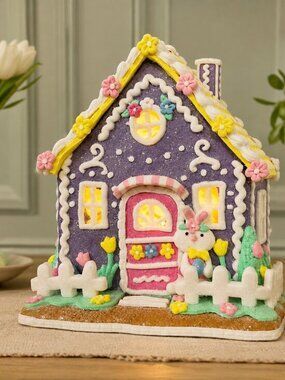 Easter Gingerbread House LED Light Up Resin Decor Pastel 9.5” NWT